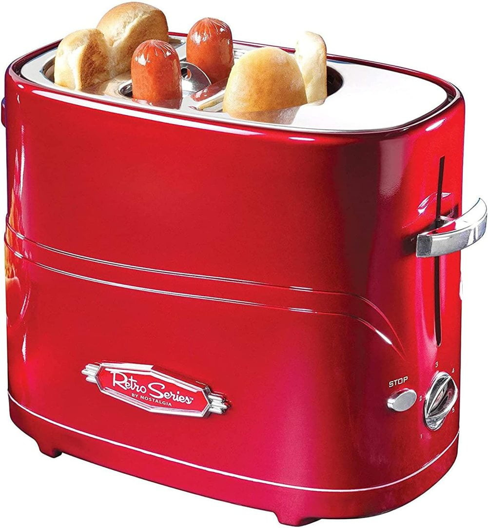 Retro Red 2-Slice Hot Dog and Bun Toaster with Mini Tongs