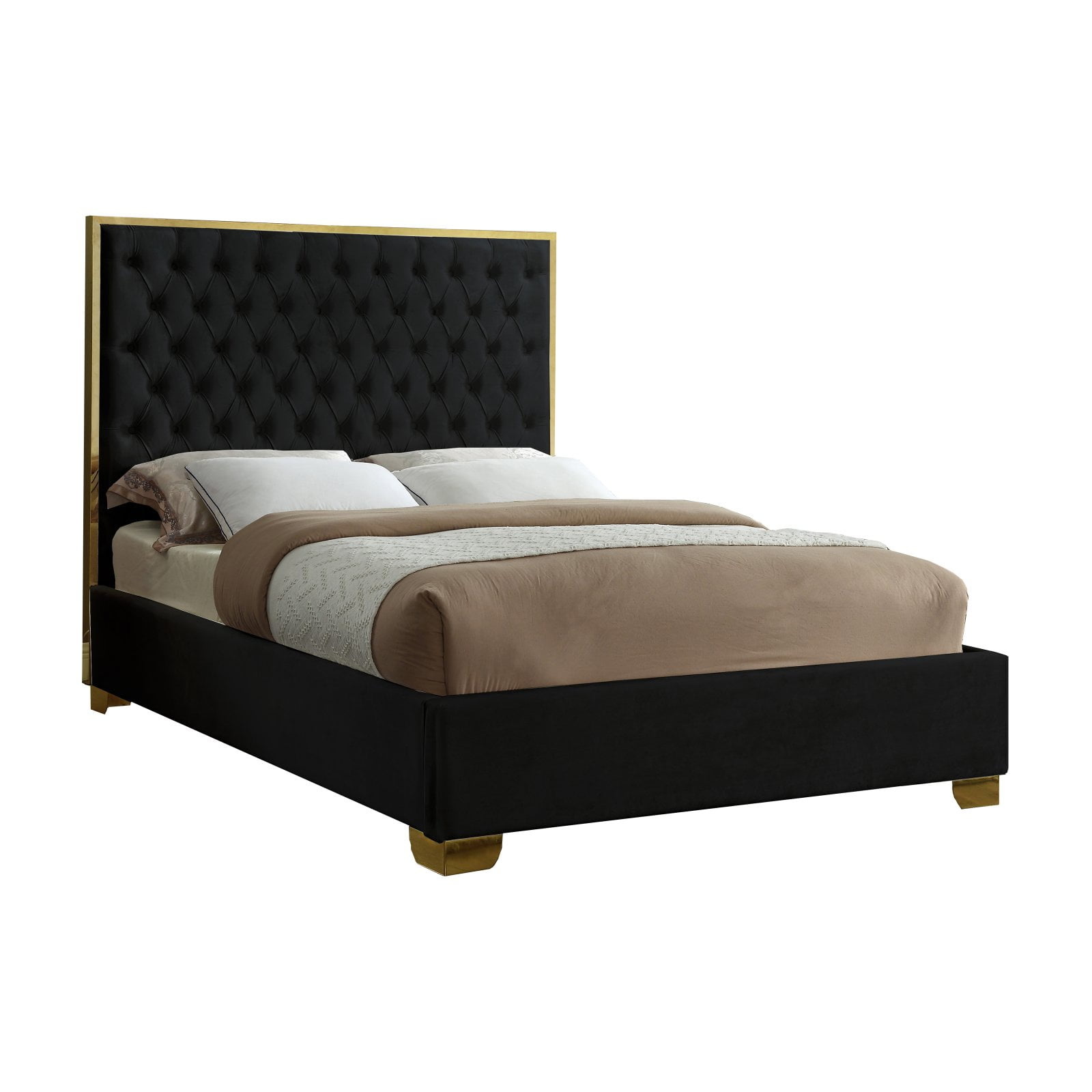 Lana Black Velvet Queen Bed-Color:Black Velvet,Finish:Gold,Style:Contemporary