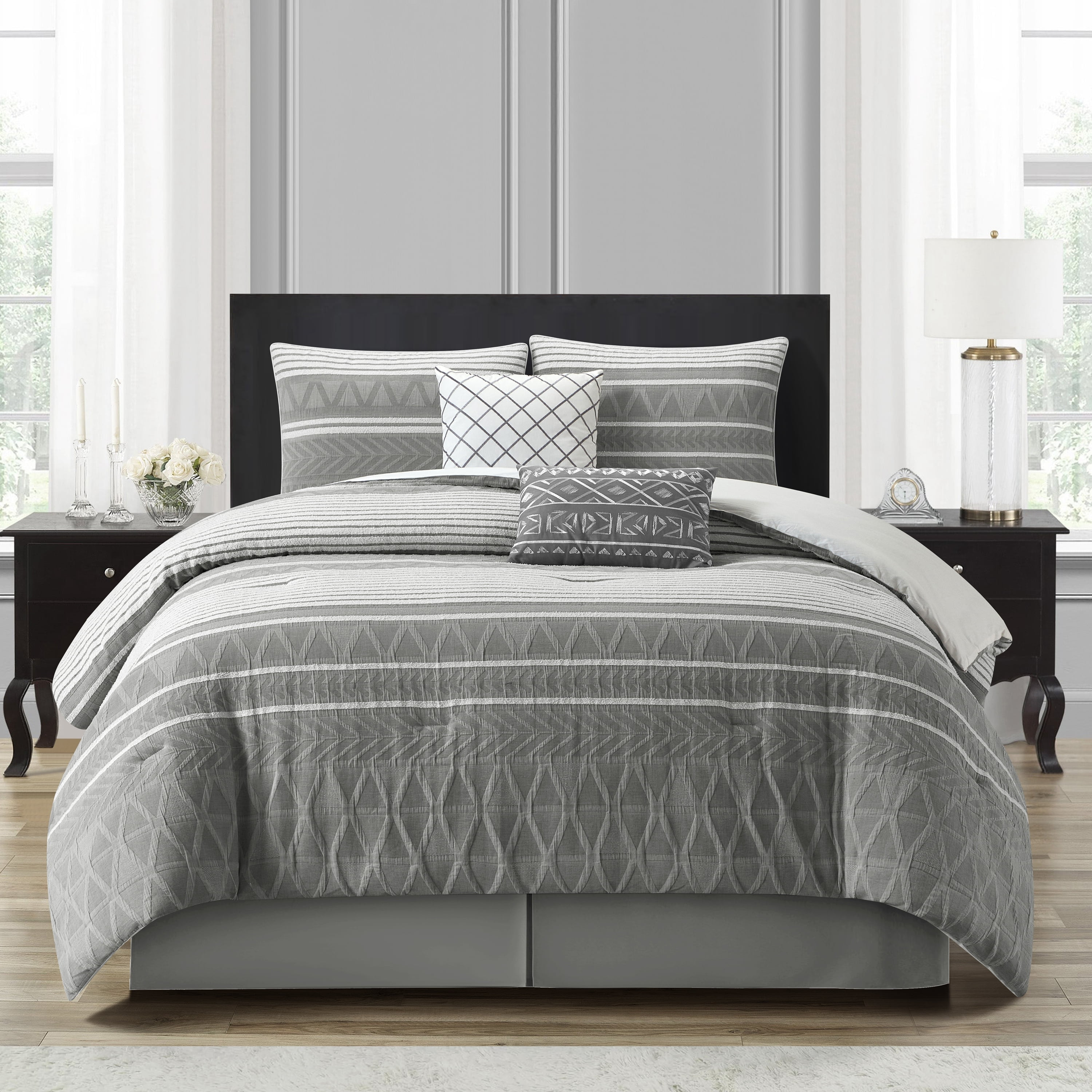 Lanco 100% Cotton King Size Comforter Set, 6 Piece, Color Grey, Geometric Jacquard Bedding Set, Matching Bedskirt, Pillows & Shams