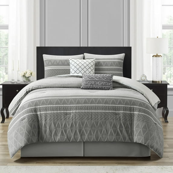 Lanco 100% Cotton King Size Comforter Set, 6 Piece, Color Grey, Geometric Jacquard Bedding Set, Matching Bedskirt, Pillows & Shams