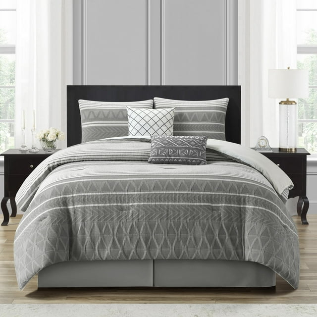 Lanco 100% Cotton King Size Comforter Set, 6 Piece, Color Grey, Geometric Jacquard Bedding Set, Matching Bedskirt, Pillows & Shams