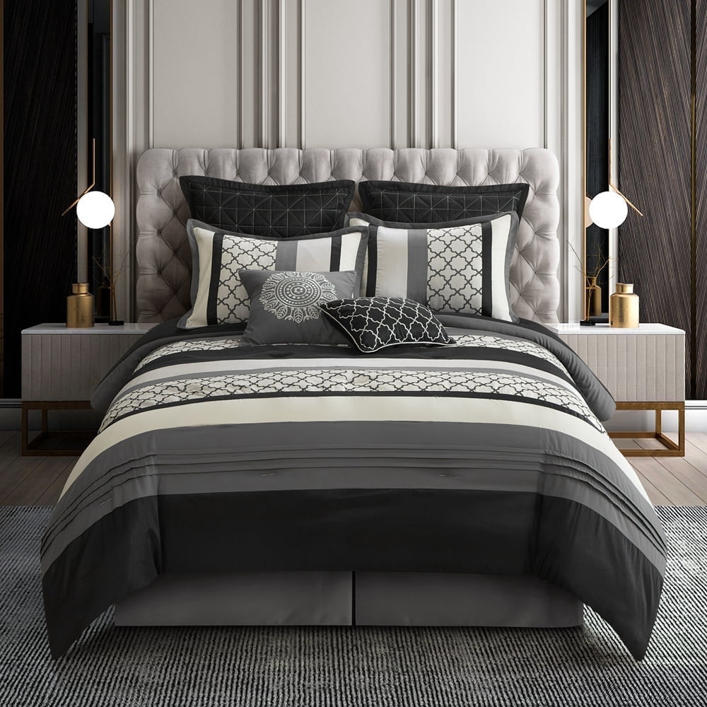 Nanshing Avalon 8 Piece Trellis Moroccan Print Comforter Set, Black/Grey, King