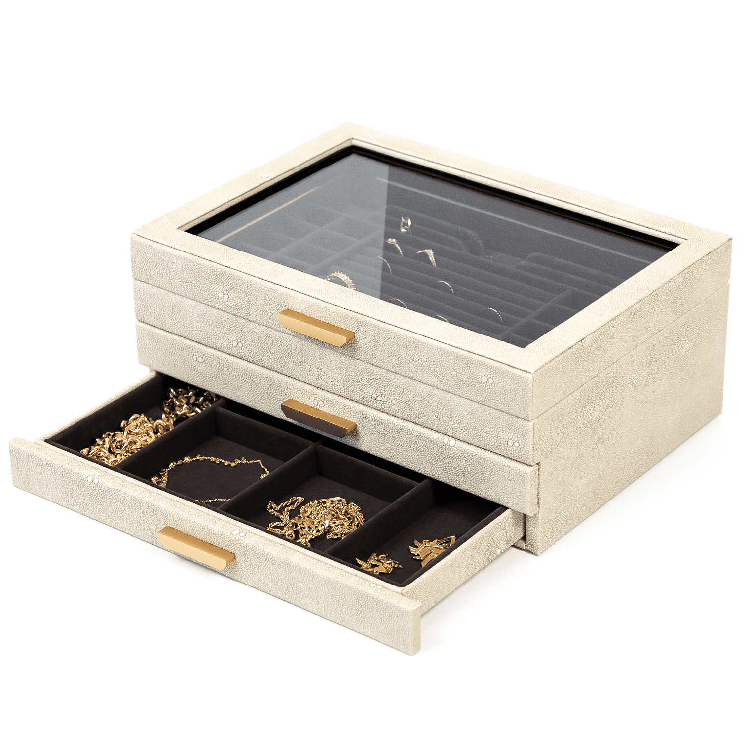 Large 3 Tier Jewelry Box, Storage Case Organizer for Women, Shagreen Vegan Leather by Case Elegance