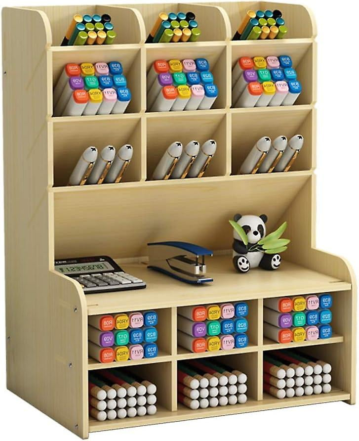 Large Capacity Wooden Desk Organizer - Office Pen Holder, Stationery, School Supplies - A-White Maple
