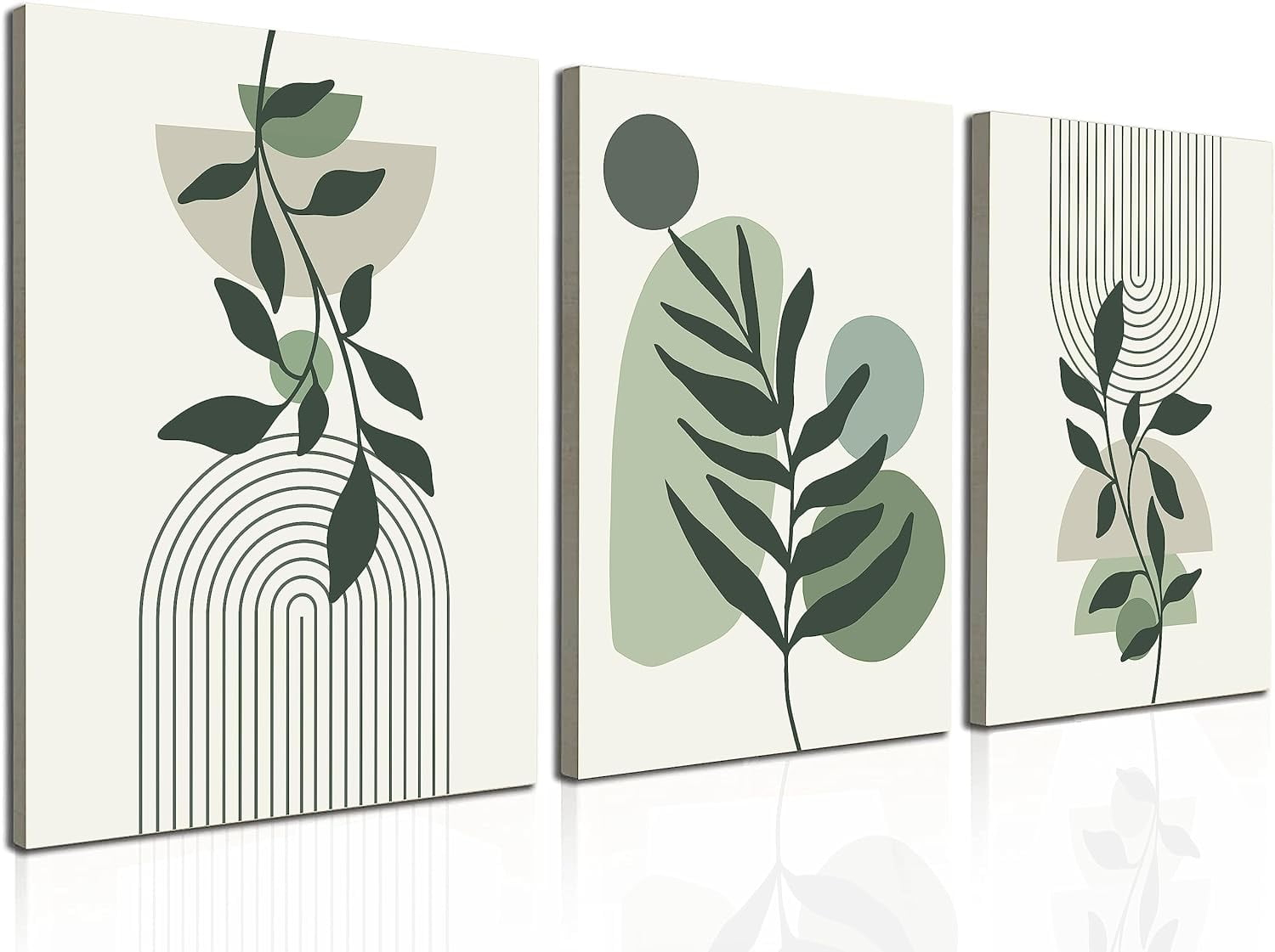 Large Framed Boho Canvas Wall Art Set of 3, Mid Century Modern room Decor, Minimalist Geometric Abstract Boho Bathroom wall art Canvas Prints Ready To Hang Bedroom decor (Sage Green,