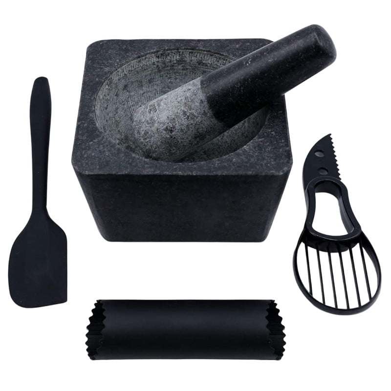 Large Mortar and Pestle Set with Garlic Peeler, Avocado Slicer and Spatula – Authentic Granite Stone Mexican Molcajetes Mortar and Pestle – Ideal for Grinding Spices and Herbs - Grinder - Crusher