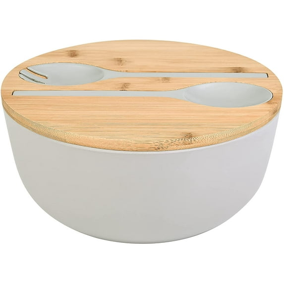 Large salad bowl with lid, upgraded version of bamboo fiber salad bowl with lid, 9.8-inch mixed salad bowl and server, and a set of free quick salad tools