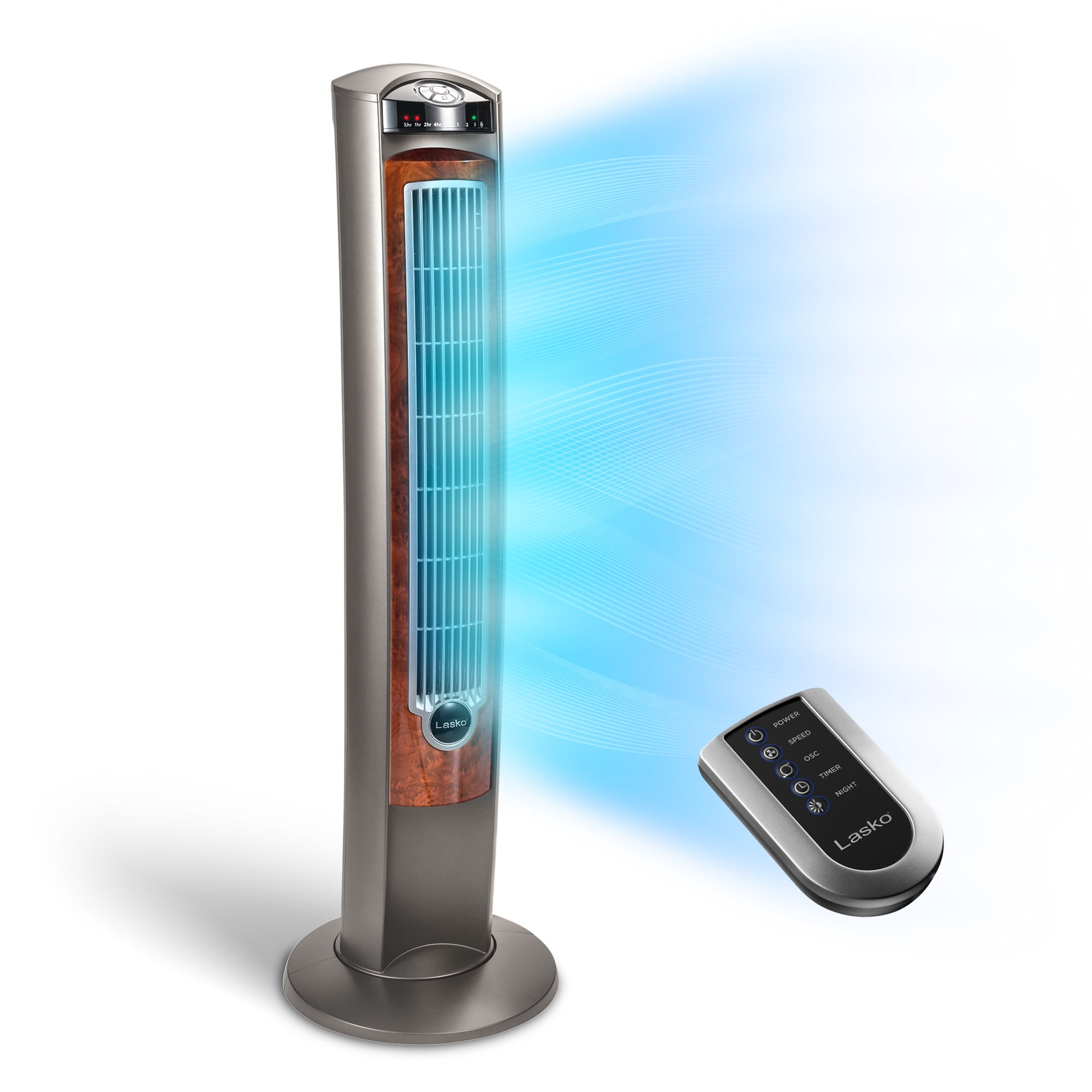 Lasko 42" Wind Curve Tower Fan with Nighttime Setting, Timer and Remote, Gray/Brown, T42954, New