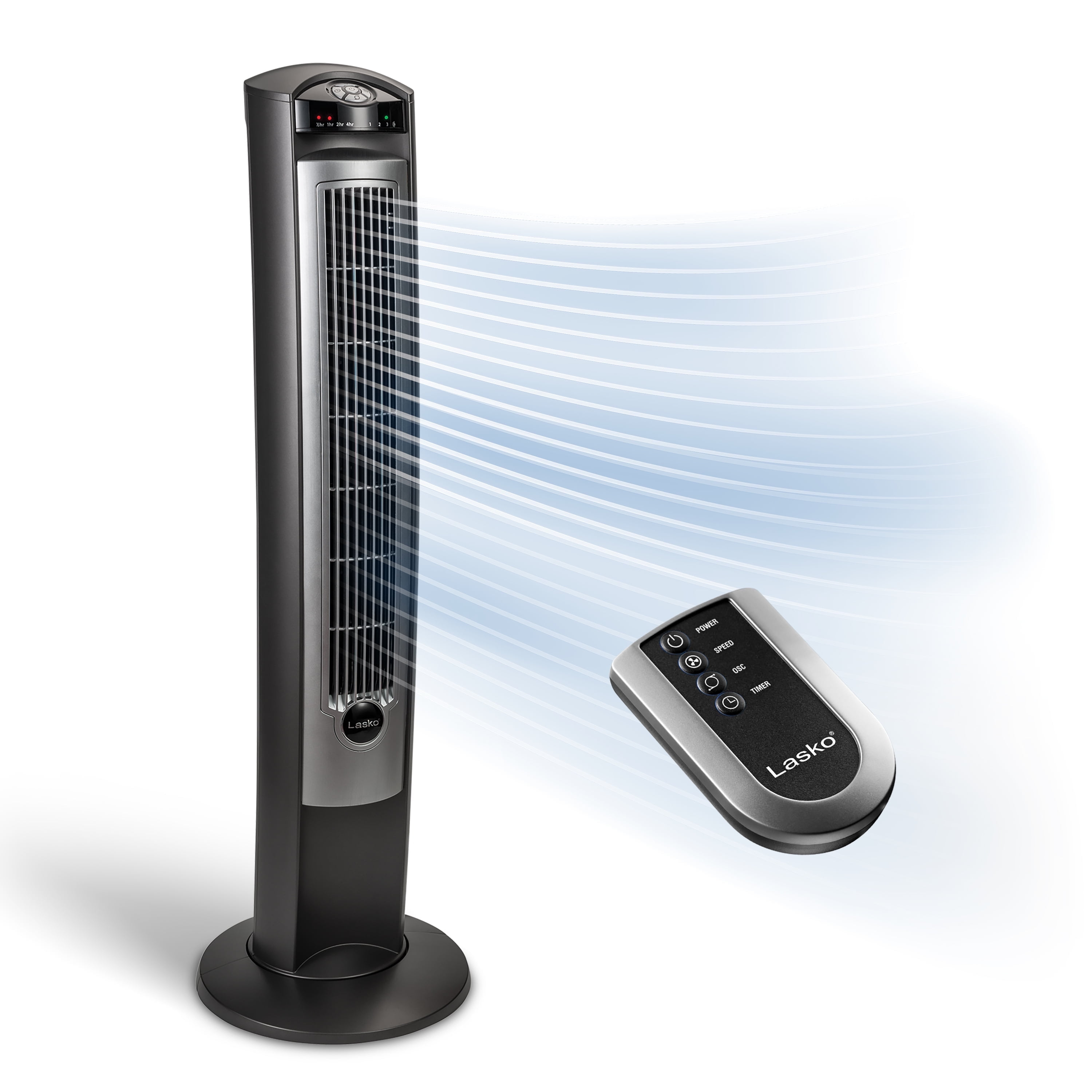 Lasko Wind Curve 42” 3-Speed Remote Controlled Oscillating Tower Fan, Silver, T42951 New