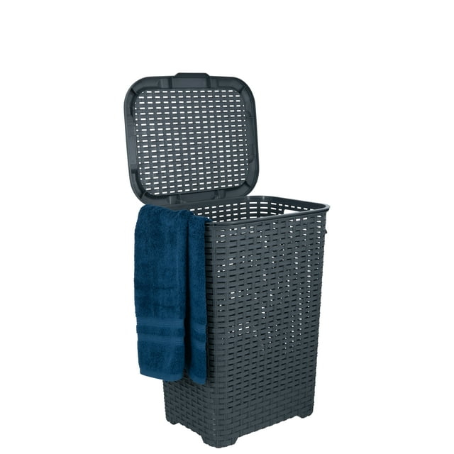 Gray Wicker Upright Hamper with Hinged Lid