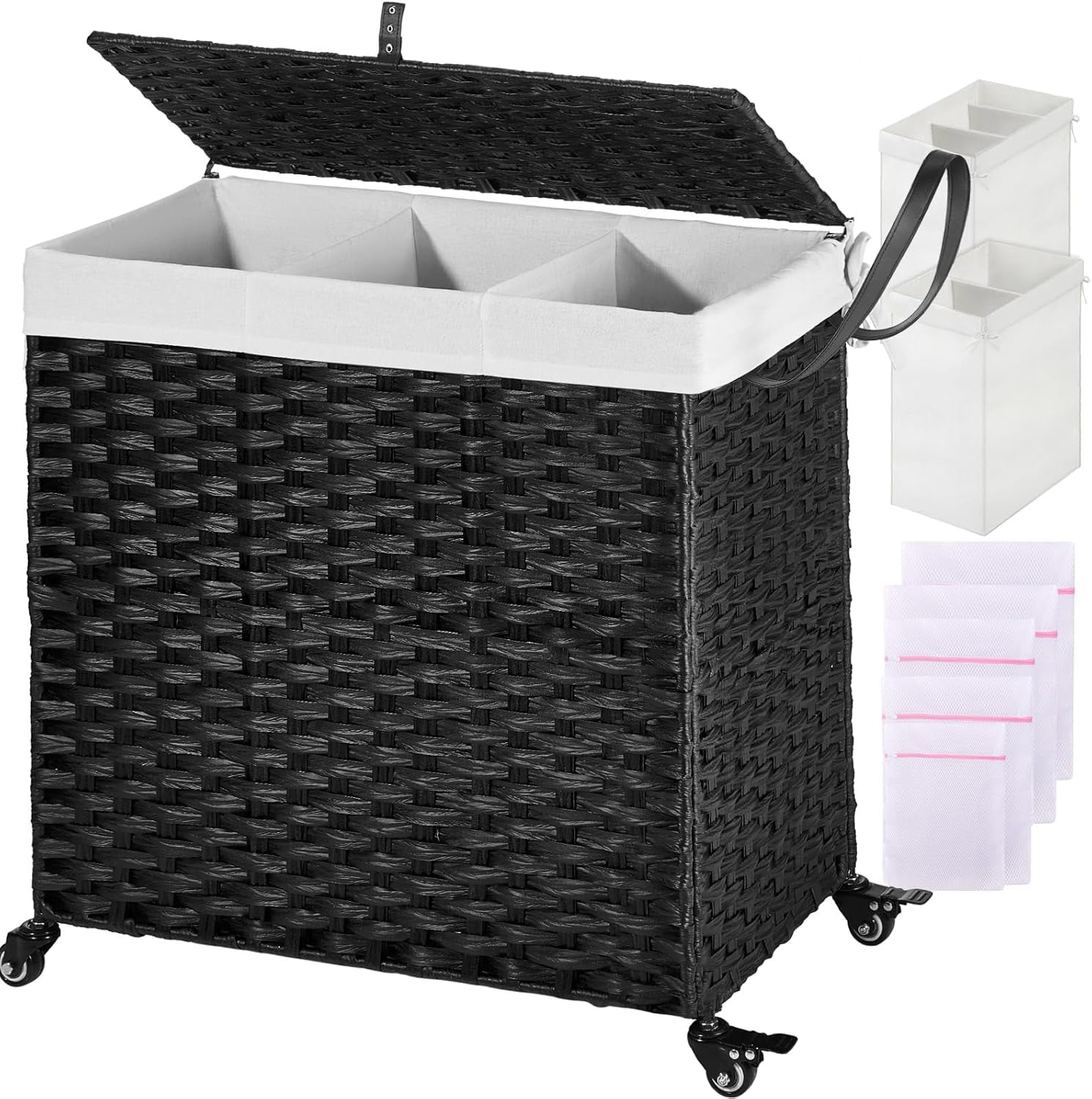 Greenstell Laundry Hamper with Wheels&Lid, 140L Large 3 Sections Clothes Hamper with 2 Types Removable Liner Bags, 5 Mesh Laundry Bags, Handwoven Divided Laundry Basket Black