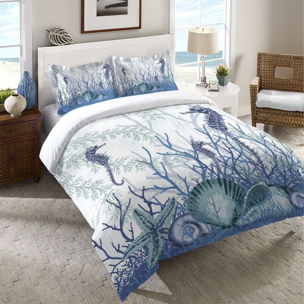 Laural Home  Aqua Sea Life Duvet Cover - Blue/White Twin Nautical & Coastal, Victorian