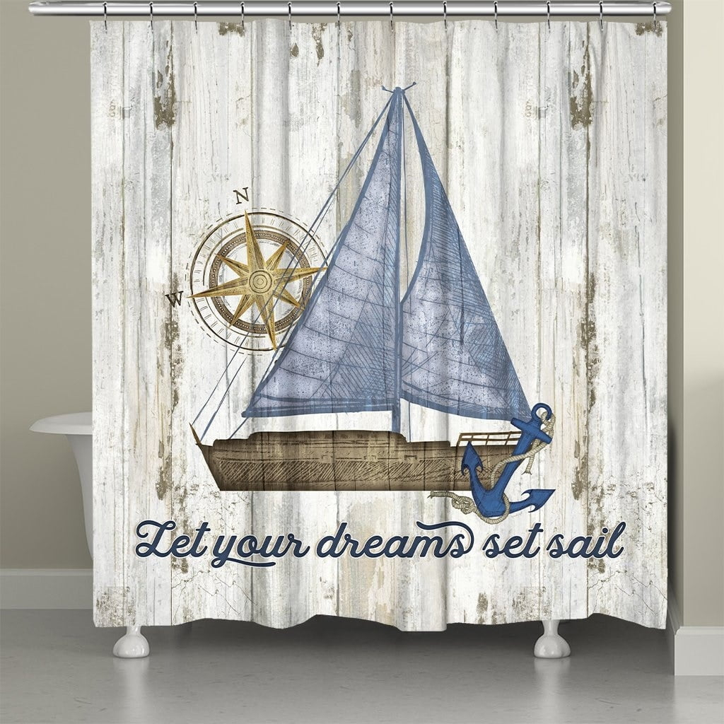 Set Sail Blue Polyester Nautical Shower Curtain