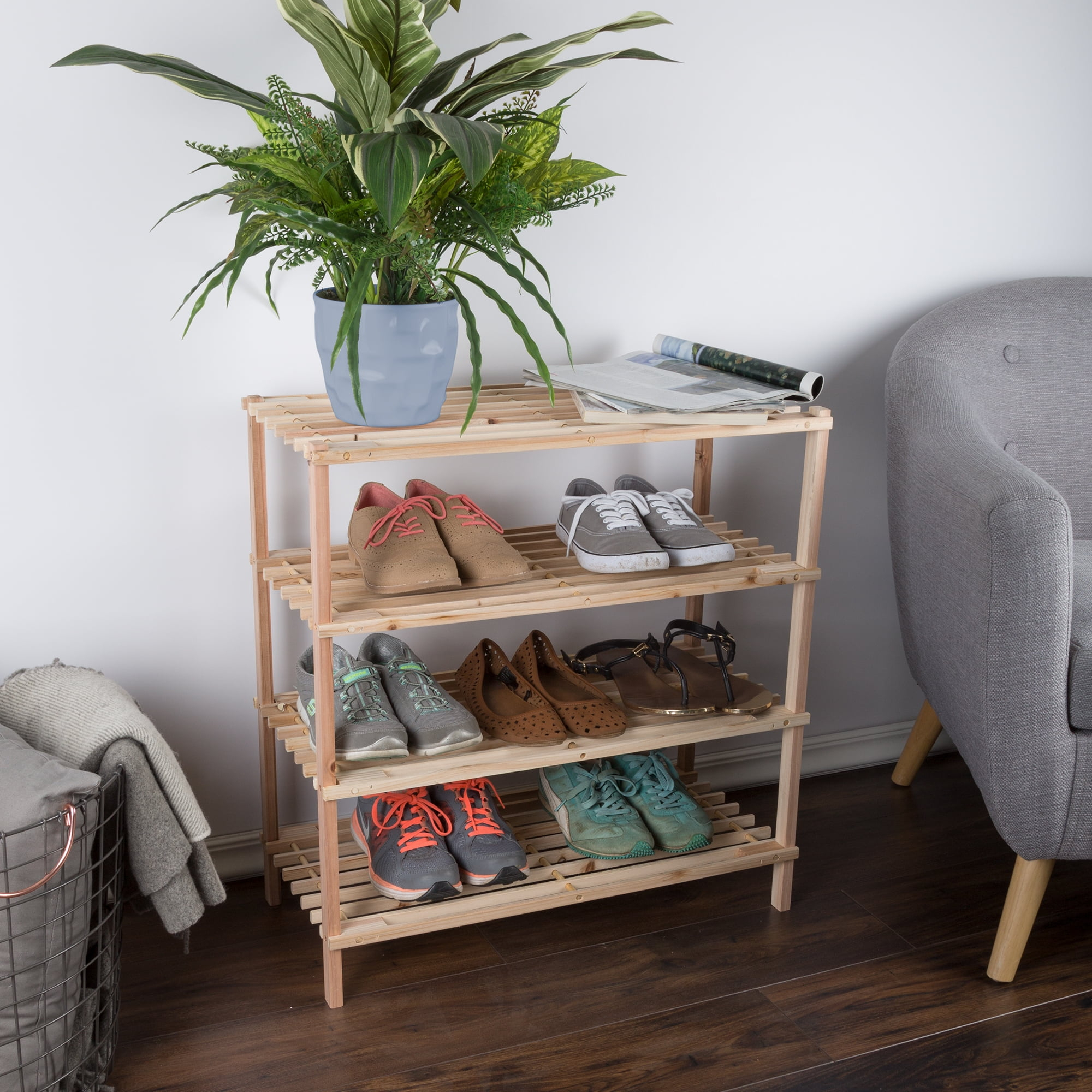 Shoe Storage Rack - 4-Tier Wood Shoe Organizer for Closet, Bathroom, Entryway - Shoe Shelf Holds 12 Pairs Sneakers or Boots by Lavish Home (Light Oak)