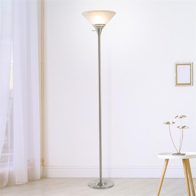 Torchiere Floor Lamp-Standing Light with Sturdy Metal Base & Marbleized Glass Shade-Energy Saving LED Bulb - Brushed Silver