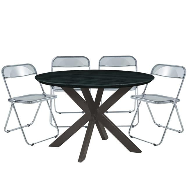 Lawrence Acrylic Folding Dining Chair & Round Dining Table with Geometic Base Set, Transparent Black - 5 Piece
