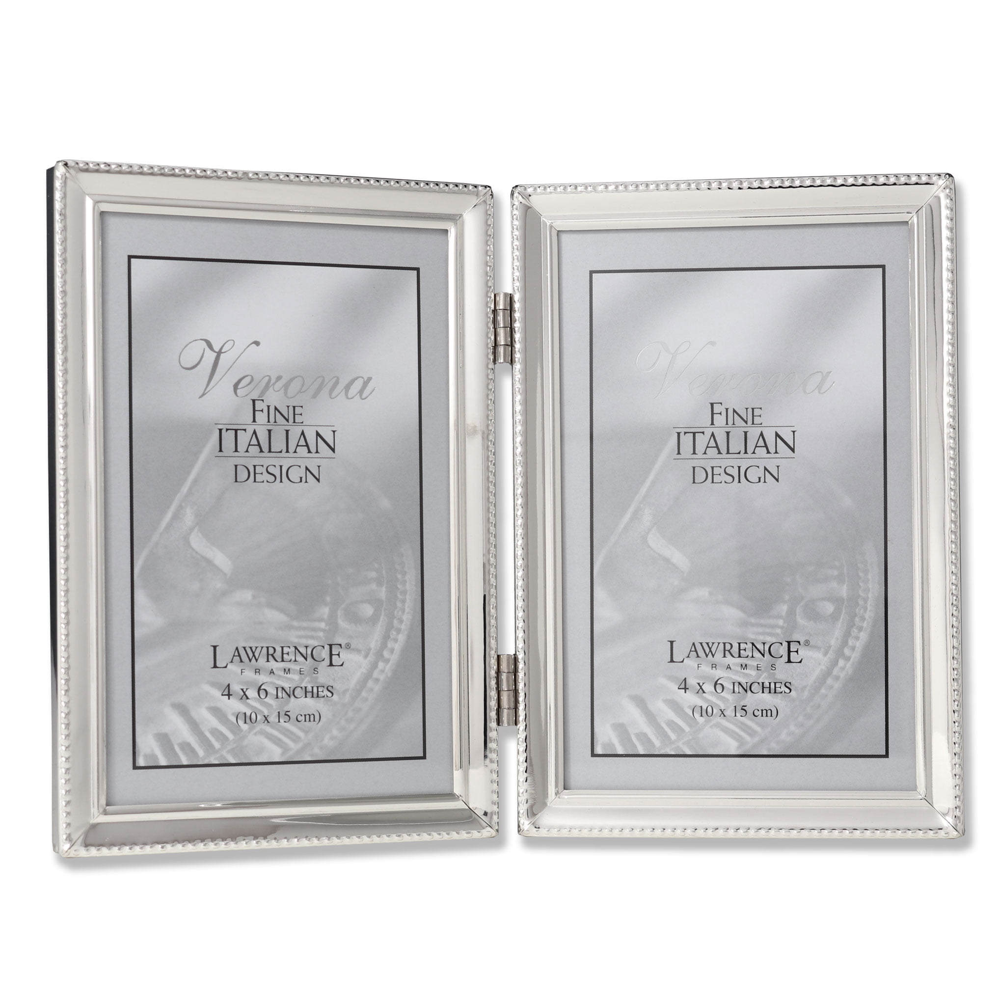 Lawrence Frames Polished Silver Plate 4x6 Hinged Double Picture Frame - Bead Border Design