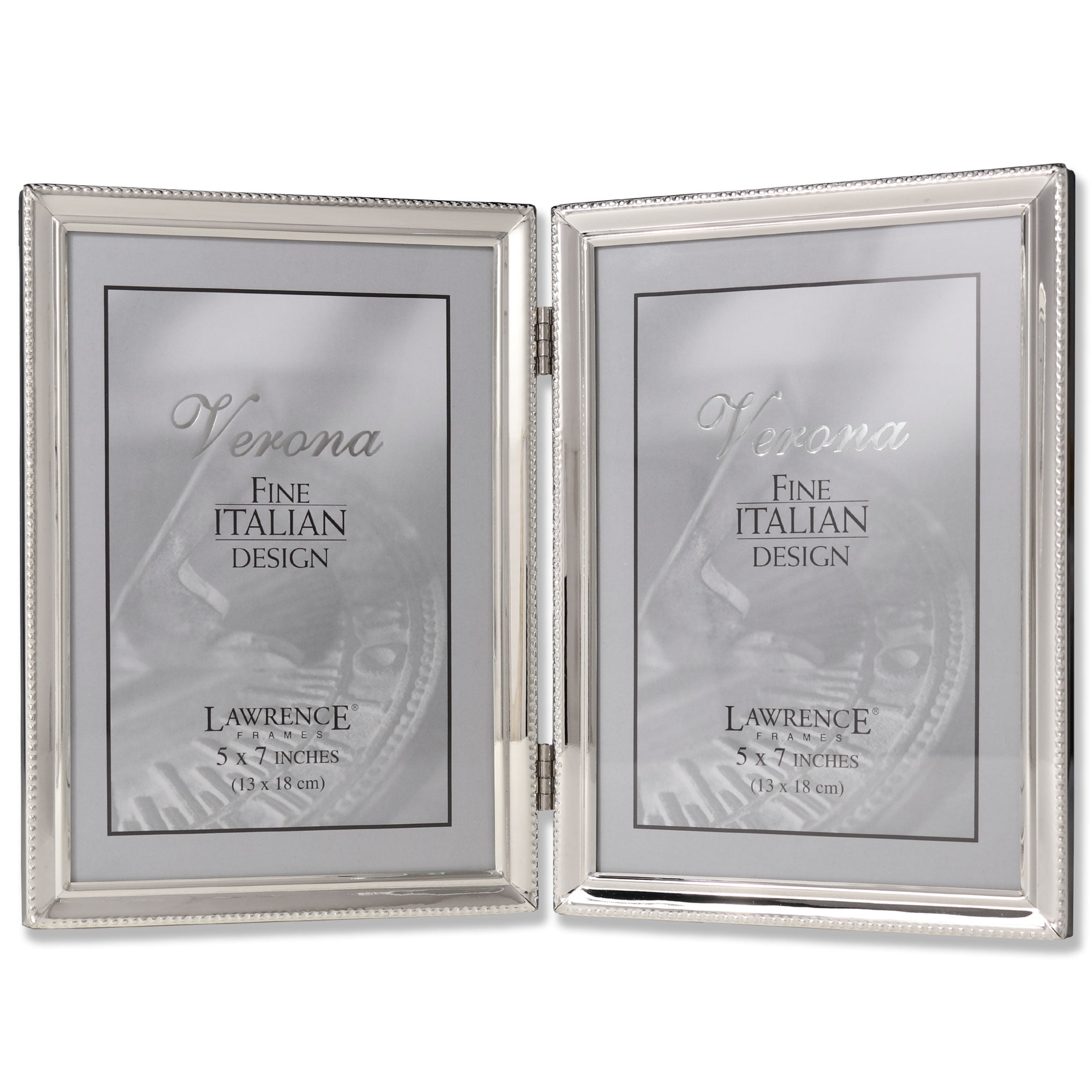 Lawrence Frames Polished Silver Plate 5x7 Hinged Double Picture Frame - Bead Border Design