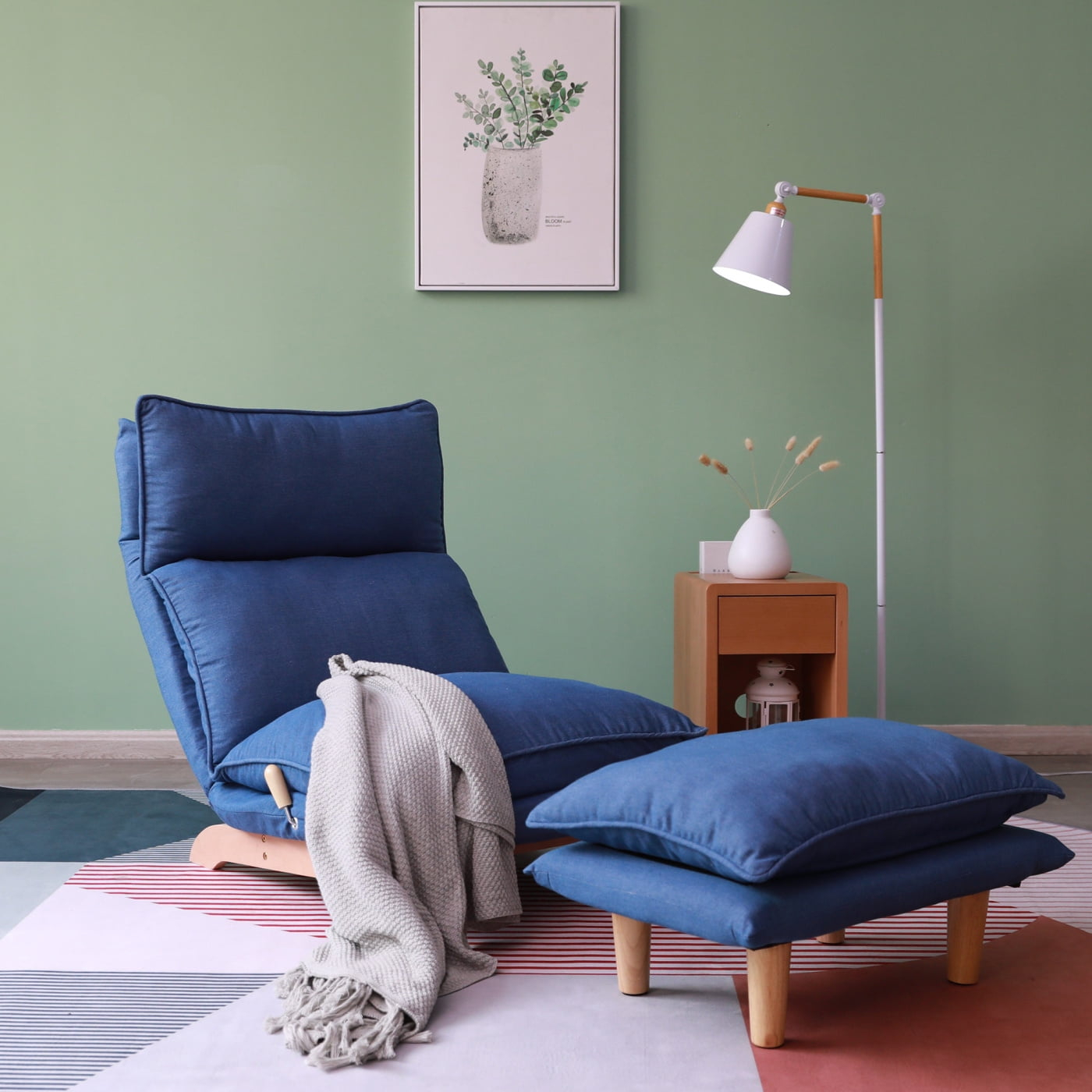 Lazy Chair with Ottoman, Modern Accent Lounge Chair Single Leisure Upholstered Sofa with Adjustable Back, Reading Chair for Living Room, Bedroom, Dark Blue