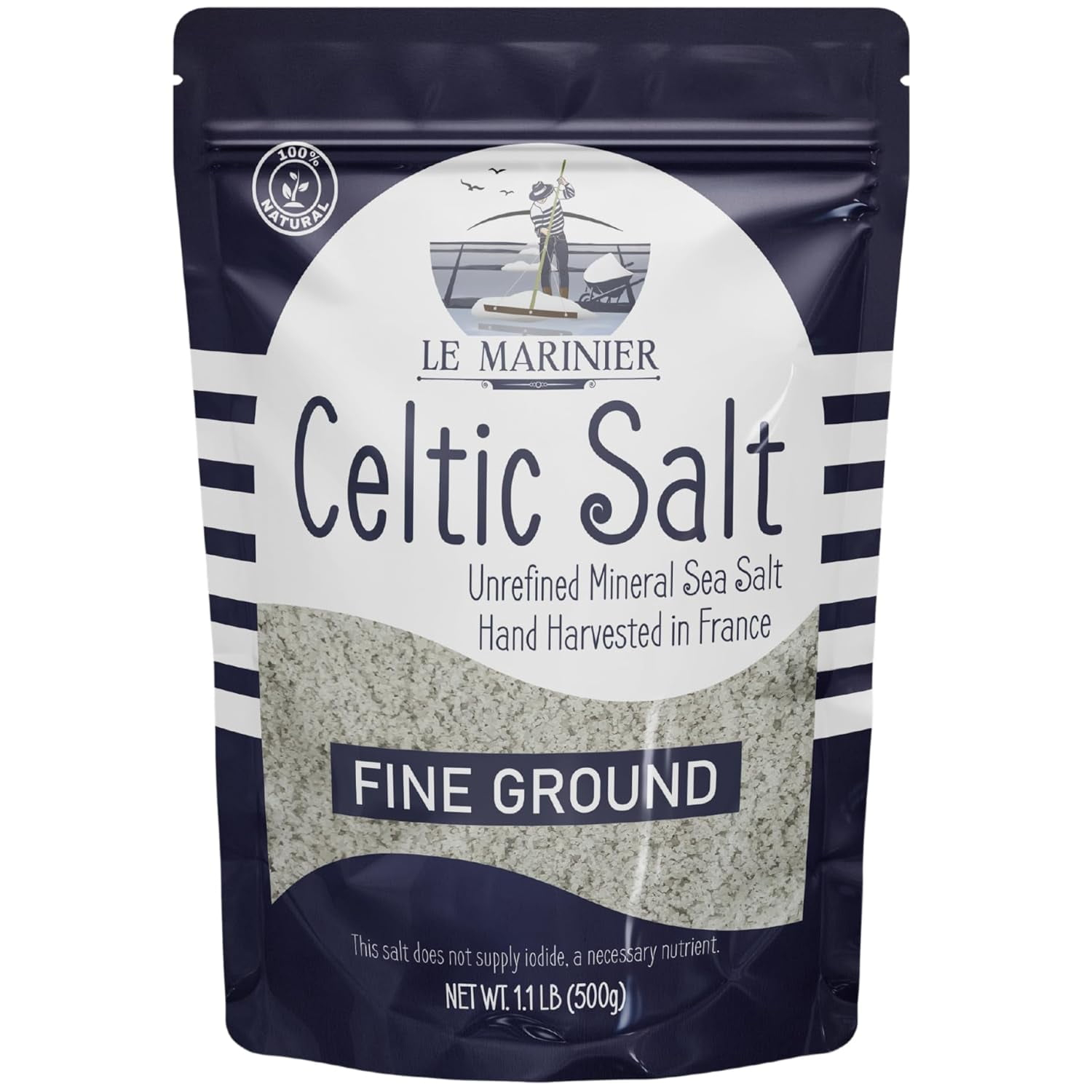 Le Marinier Celtic Salt Fine Ground, 1.1lb - 18oz. Unrefined French Sea Salt 100% Natural, Hand Harvested Mineral Celtic Salt (1.1lb Fine Ground)