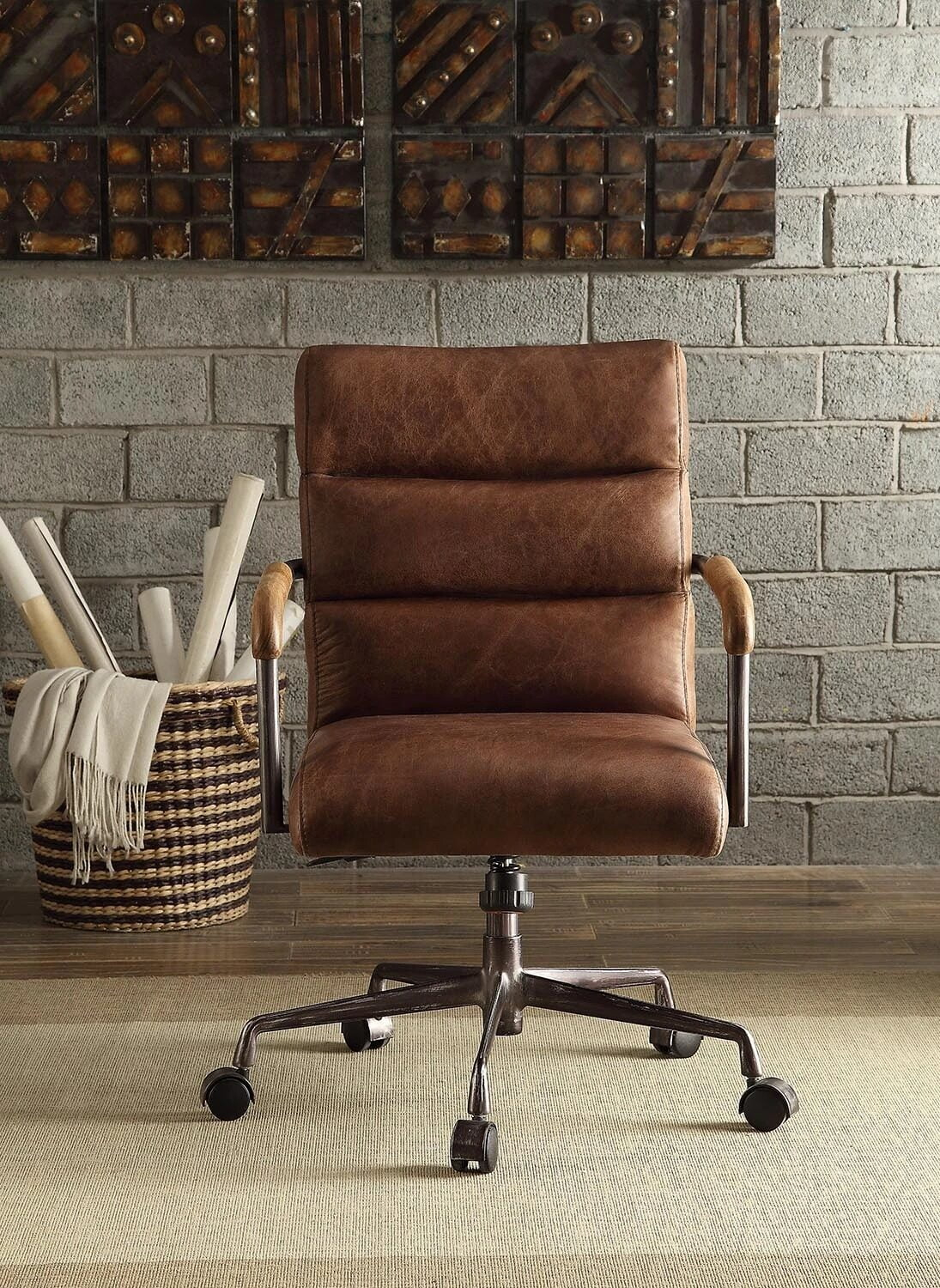Leather Executive Swivel Office Chair with Lumbar and Back Support and Wheels, Industrial Modern Upholstered Home Desk Chair in Retro Brown Top Grain Leather for Living Room Office
