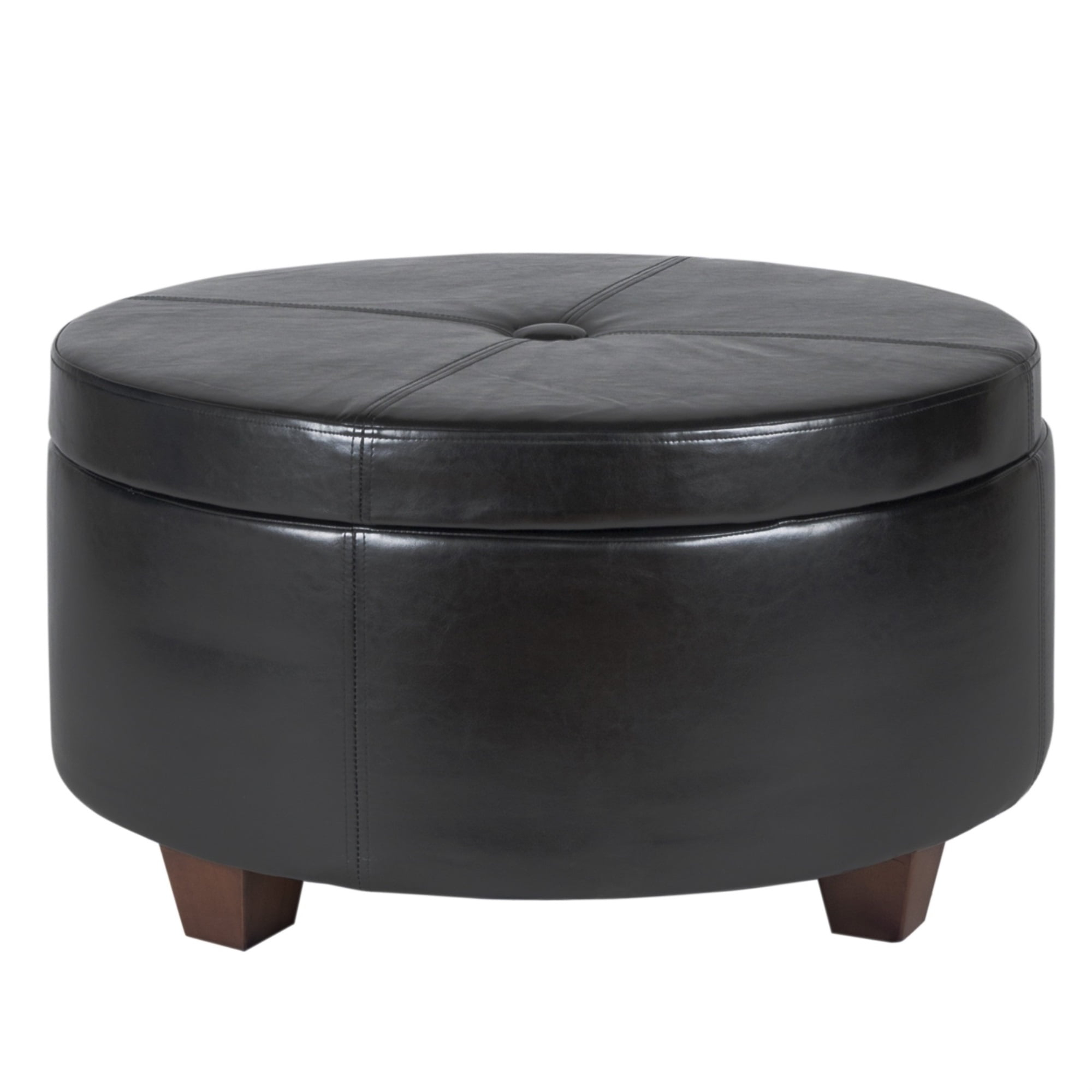 Leatherette Single Button Tufted Round Ottoman with Wooden Feet, Large, Black and Brown