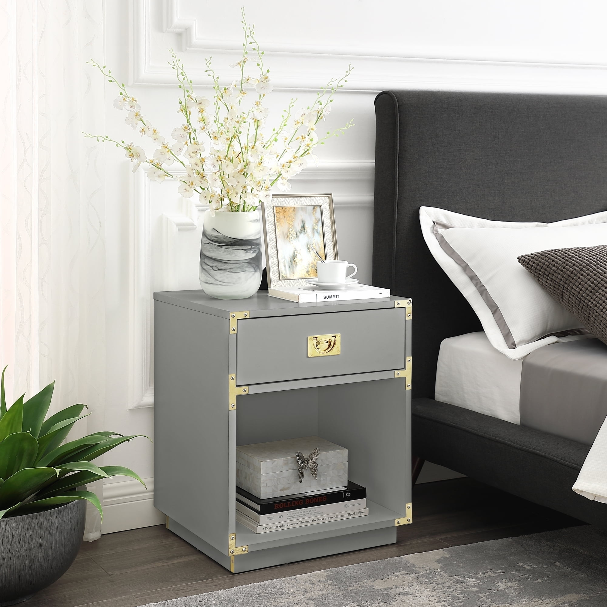 Lebod 1 Drawer High Gloss Side Table Metal Handle Open Storage Eco-Friendly MDF