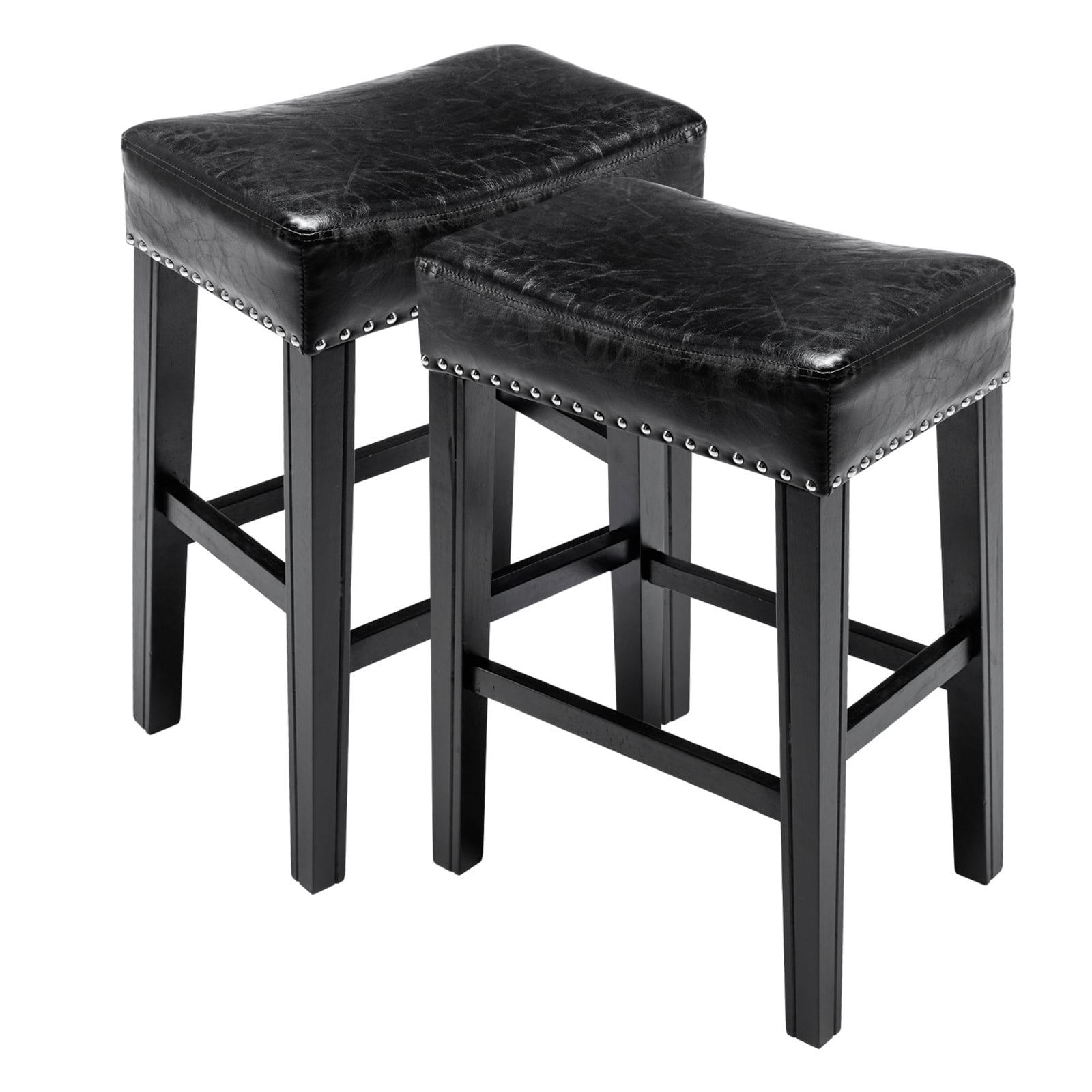 Lecut 26 Inch Wood Saddle Seat Barstool Set of 2 PU Leather Kitchen Counter Stools Nailhead Wood Pub-Height Saddle Stool Black