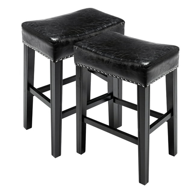 Lecut 26 Inch Wood Saddle Seat Barstool Set of 2 PU Leather Kitchen Counter Stools Nailhead Wood Pub-Height Saddle Stool Black