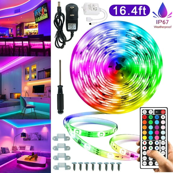 Led Strip Lights 16.4 Feet Outdoor Led Lights Waterproof 300 LEDs Flexible Led Light Strips Color Changing Music Sync RGB Rope Light with Remote Smart Led Lights for Bedroom Home Kitchen