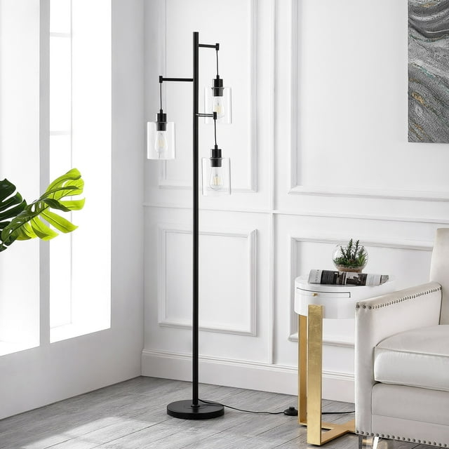 Ledel Get 69" Industrial 3-Light Tree Floor Lamp with Glass Shades Black