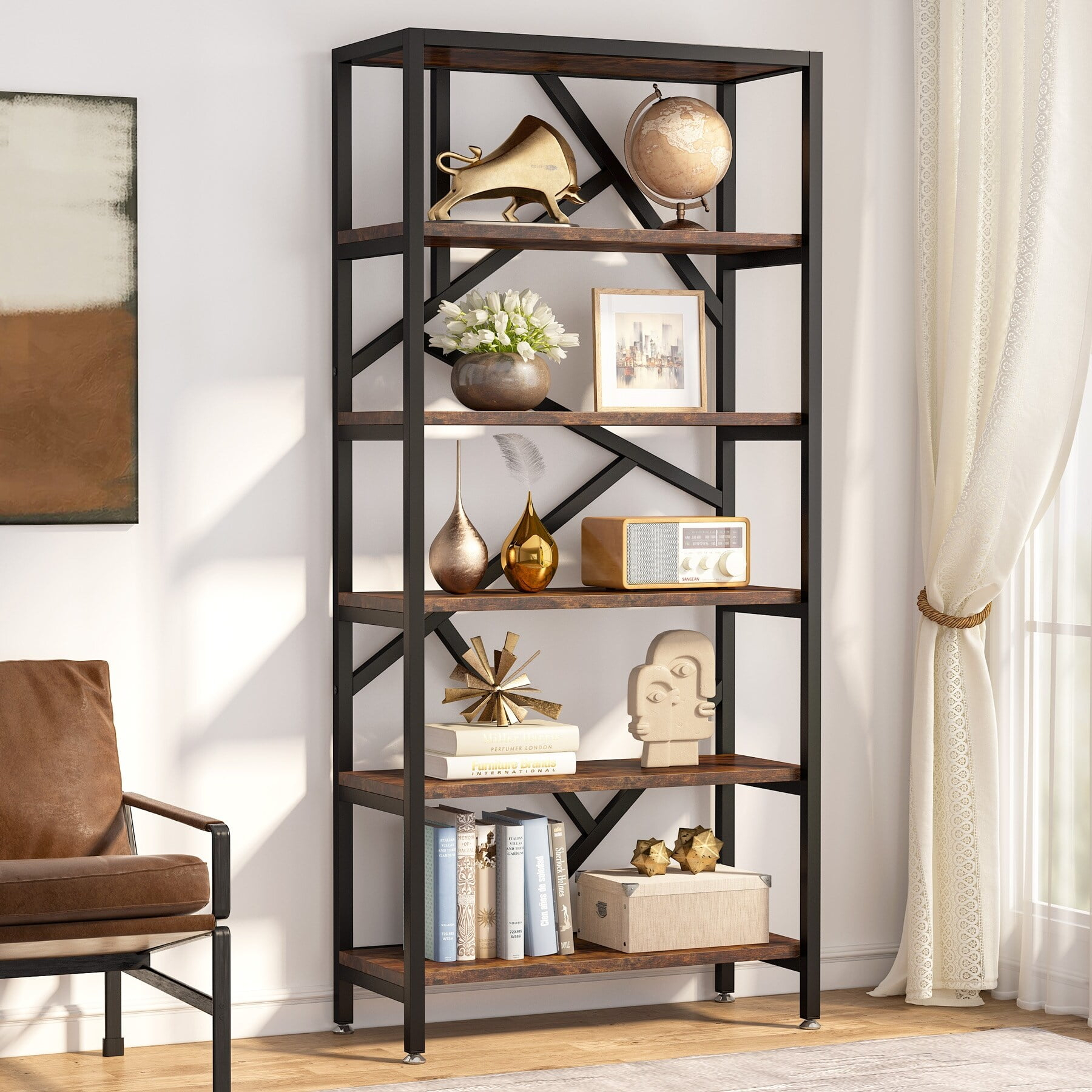 Lee 71 Inch Industrial Bookshelf, 6 Shelf Etagere Bookcase,Free Standing Open Book Shelves Storage Display Shelf Rustic Brown Wood Finish Industrial,