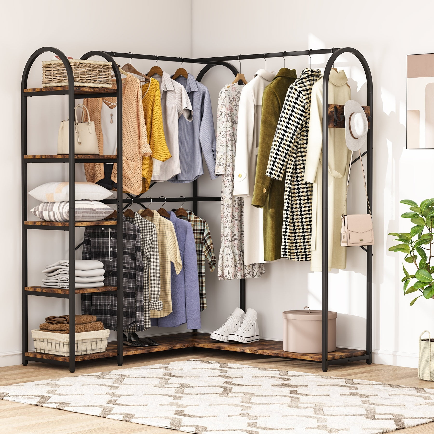 Lee Heavy Duty L Shape Clothes Rack,Freestanding Corner Closet Organizer,Large Garment Rack with Storage Shelves and Hanging Rods