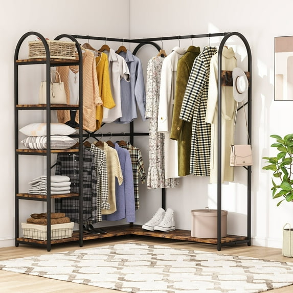 Lee Heavy Duty L Shape Clothes Rack,Freestanding Corner Closet Organizer,Large Garment Rack with Storage Shelves and Hanging Rods