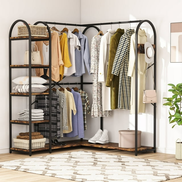 Lee Heavy Duty L Shape Clothes Rack,Freestanding Corner Closet Organizer,Large Garment Rack with Storage Shelves and Hanging Rods