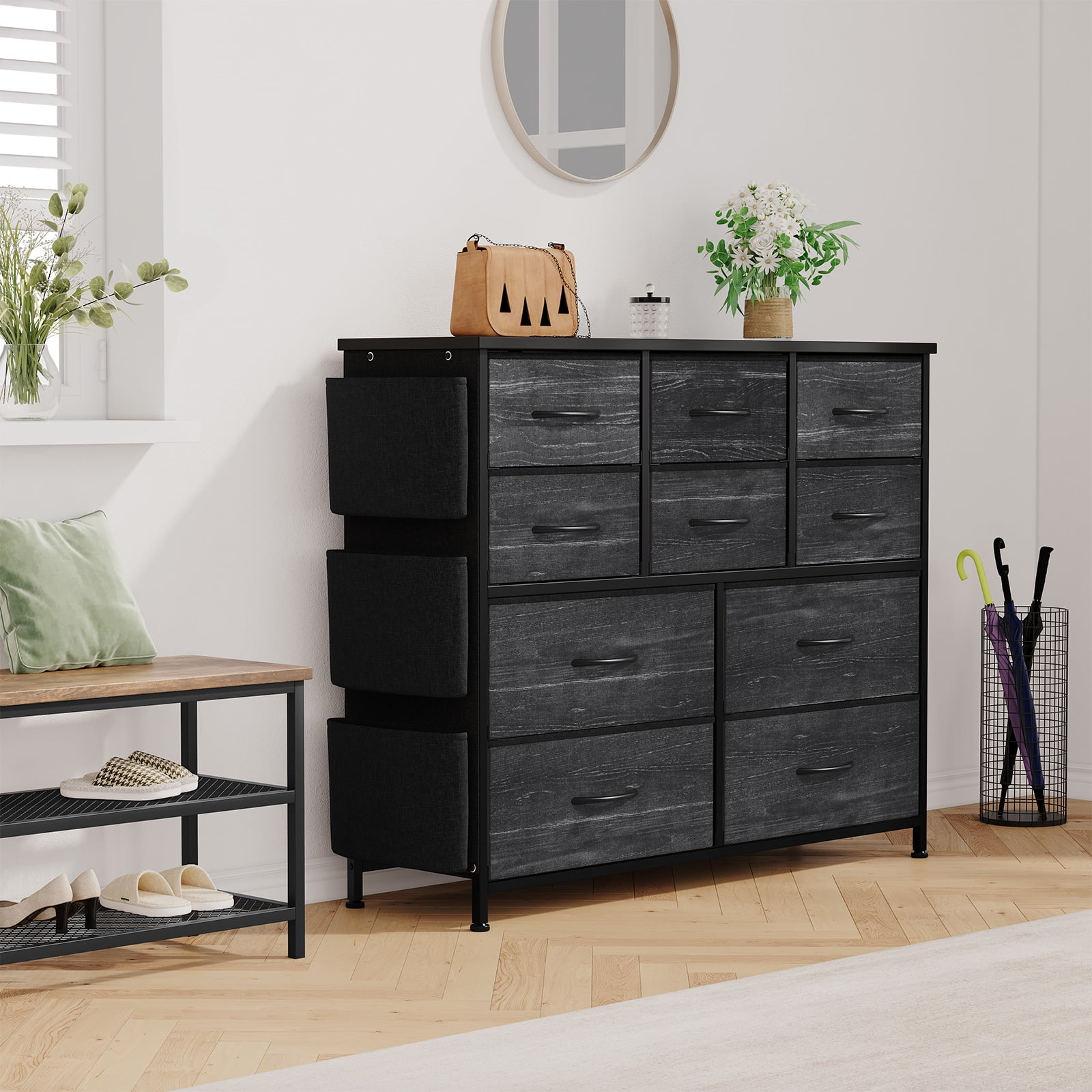 GIKPAL 10 Drawer Dresser, Chest of Drawers for Bedroom with Side Pockets and Hooks, Black