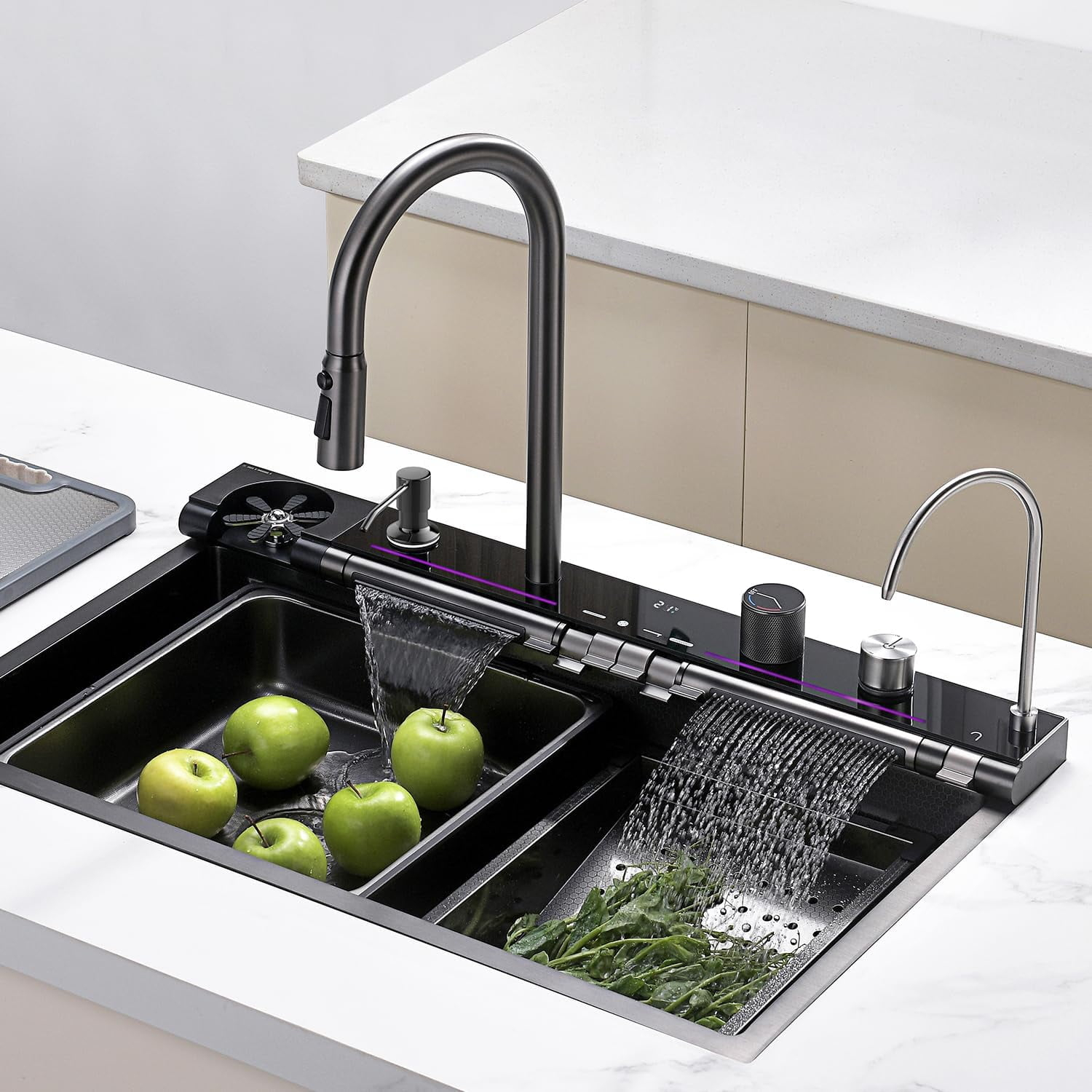 Lefton 304 Stainless Steel Kitchen Sink Set with Pull-down Faucet, Waterfall & Rainfall Water Outlet, Glass Rinser, Soap Dispenser & Filtered Faucet, Battery-free Temperature Display, Grey, KS2207