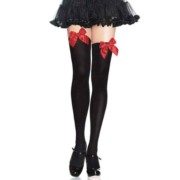 Leg Avenue Womens Satin Bow Accent Thigh Highs, Black/Red, One Size