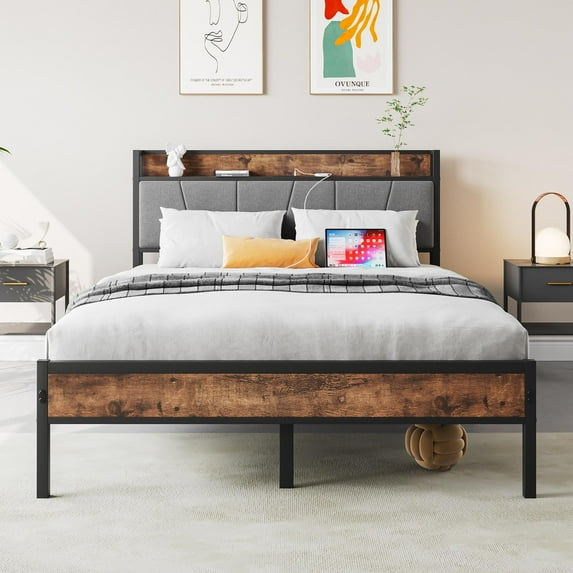 LegaHome Full Bed Frame, Metal Platform Bed with Storage Headboard and Charging Station, Strong Slat Support, Full Size Bed Frame for Kids Teens Adults, No Box Spring Needed, Black