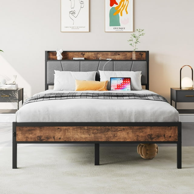 LegaHome Full Bed Frame, Metal Platform Bed with Storage Headboard and Charging Station, Strong Slat Support, Full Size Bed Frame for Kids Teens Adults, No Box Spring Needed, Black