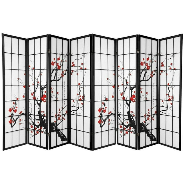 Legacy Decor Plum Blossom 8 Panel Room Divider Black 71"H x 140"Wide