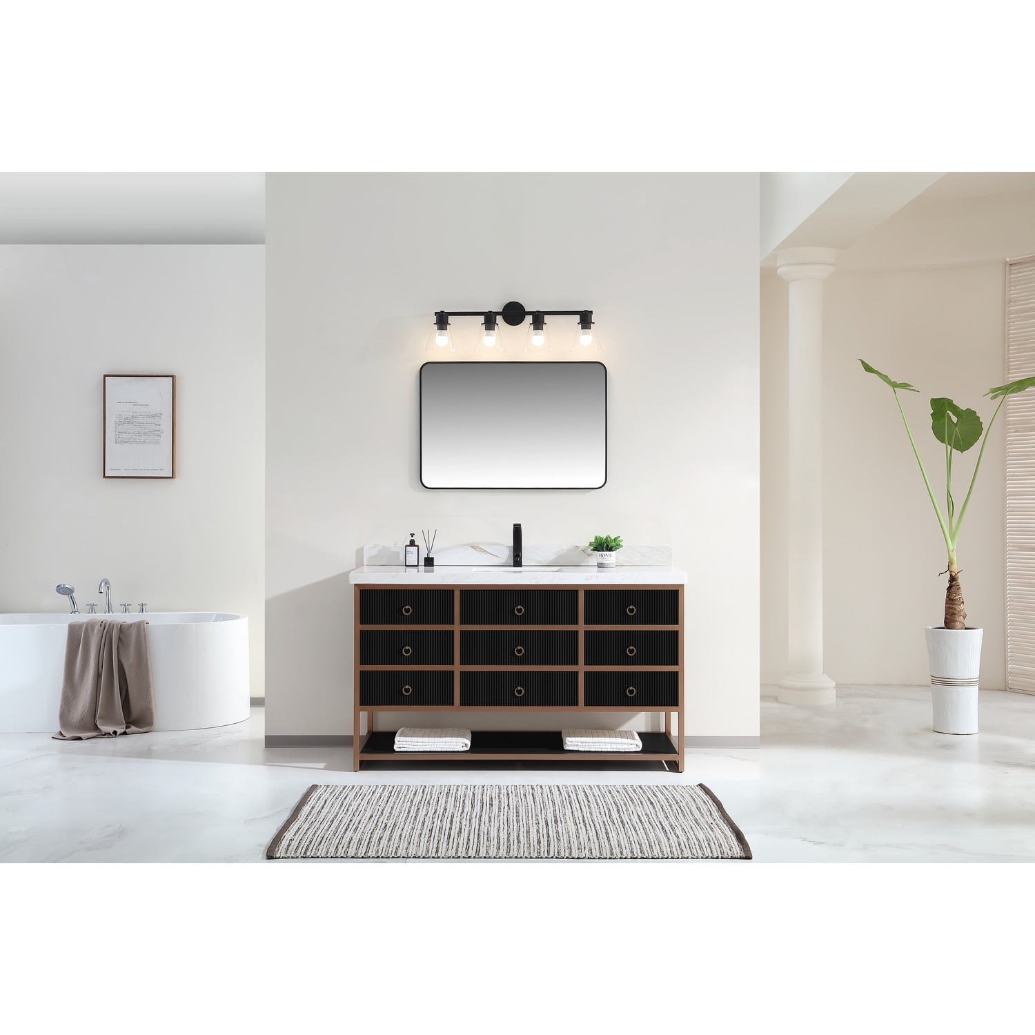60" SINGLE VANITY WITH GOLDEN BRUSH STAINLESS STEEL FRAME AND TRICORN BLACK FINISH WITH 2 THICK WHITE NATUAL STONE TOP