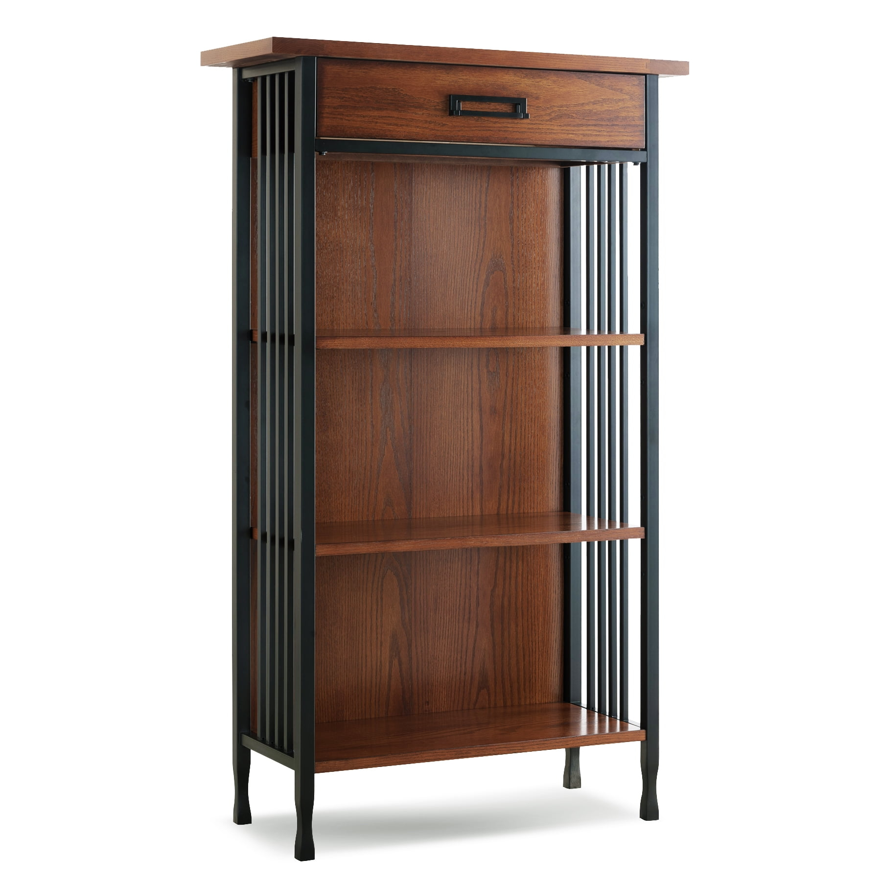 Leick Home 11262 Ironcraft Mantel Height Rustic Bookcase with Drawer Storage, Mission Oak and Black