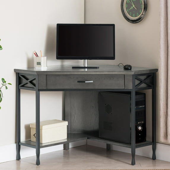 Leick Home 23430 Chisel & Forge Corner Computer Writing Desk with Drop Front Keyboard Drawer, Smoke Gray and Matte Black