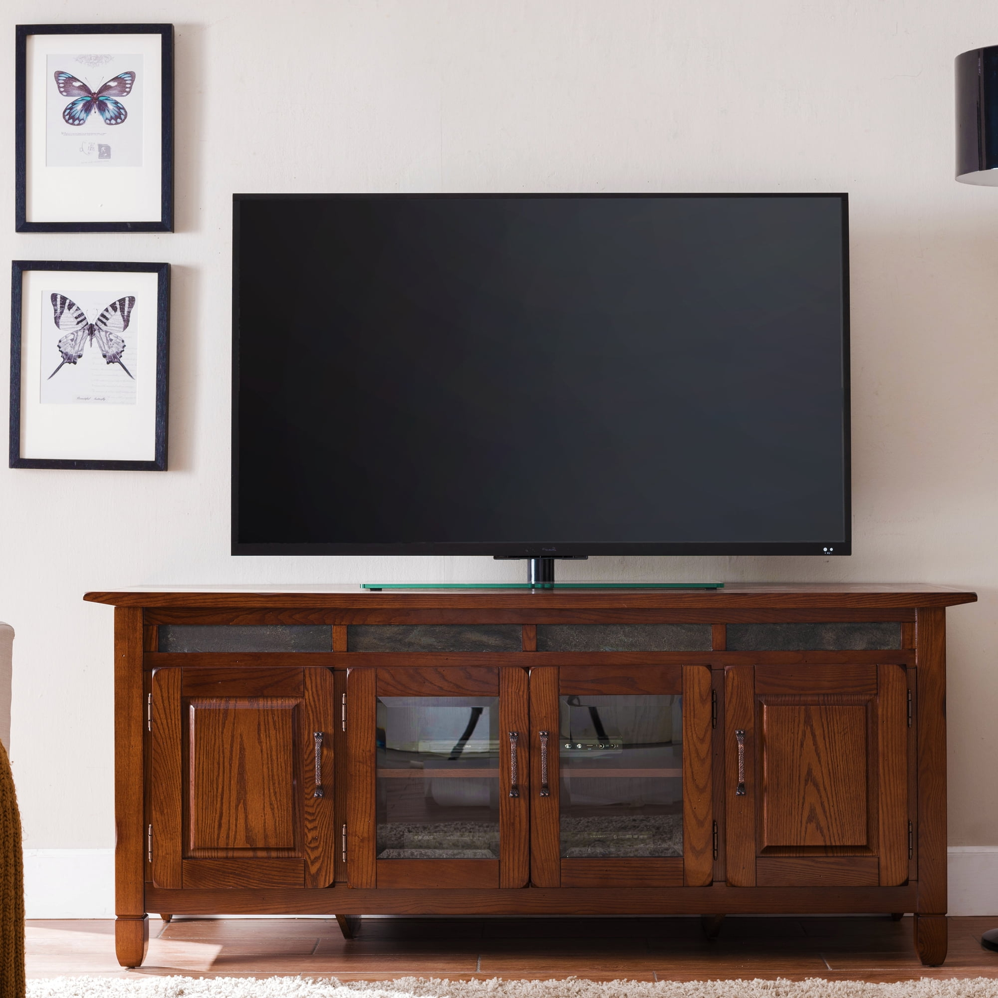 Leick Home 89360 Rustic Oak TV Stand with Slate Tiles and Enclosed Storage For 65" TV, Distressed Rustic Autumn