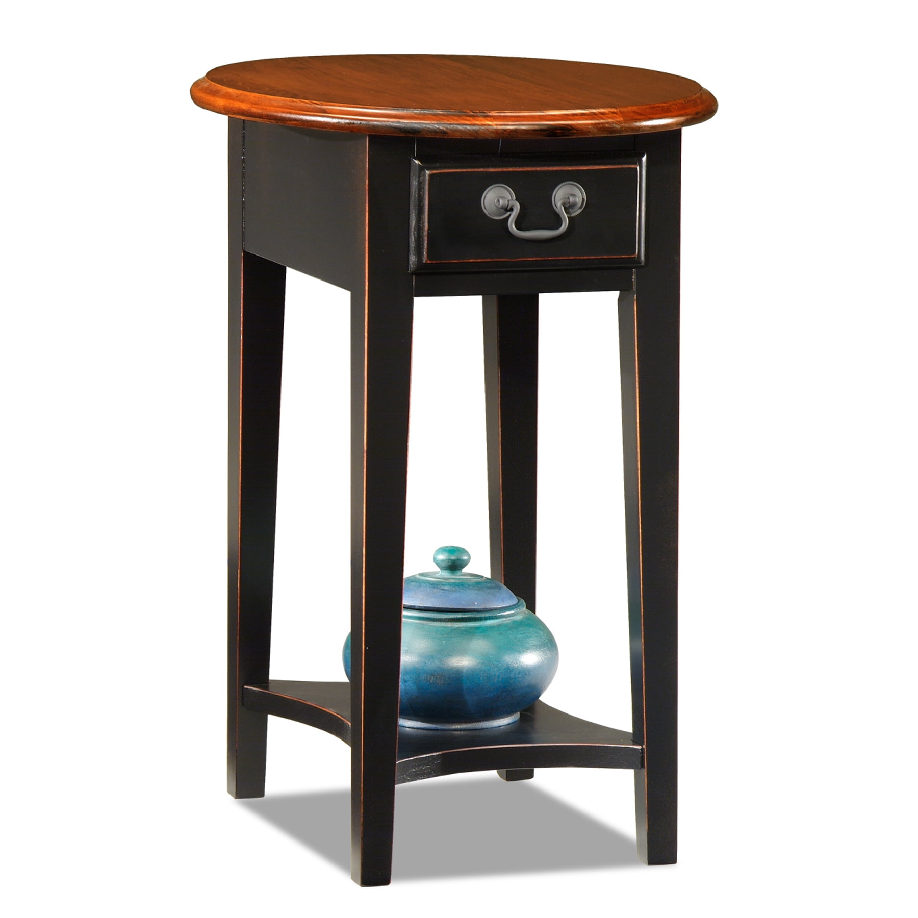 Leick Home 9042-SL One Drawer Oval Side Table with Shelf, Medium Oak and Slate Black