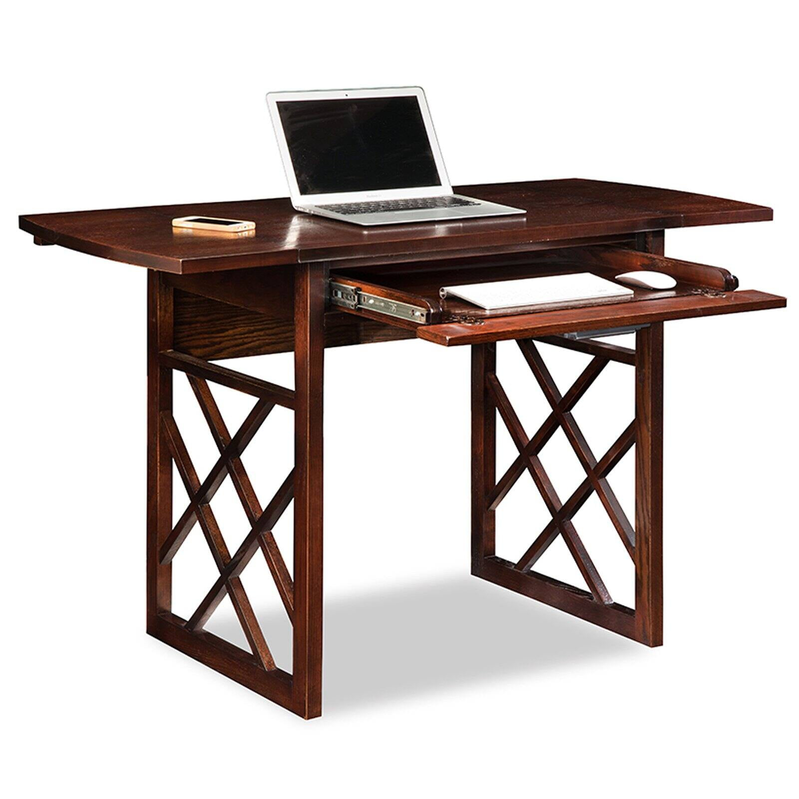Solid + Manufactured Wood Drop Leaf Computer Writing Desk in Chocolate Oak