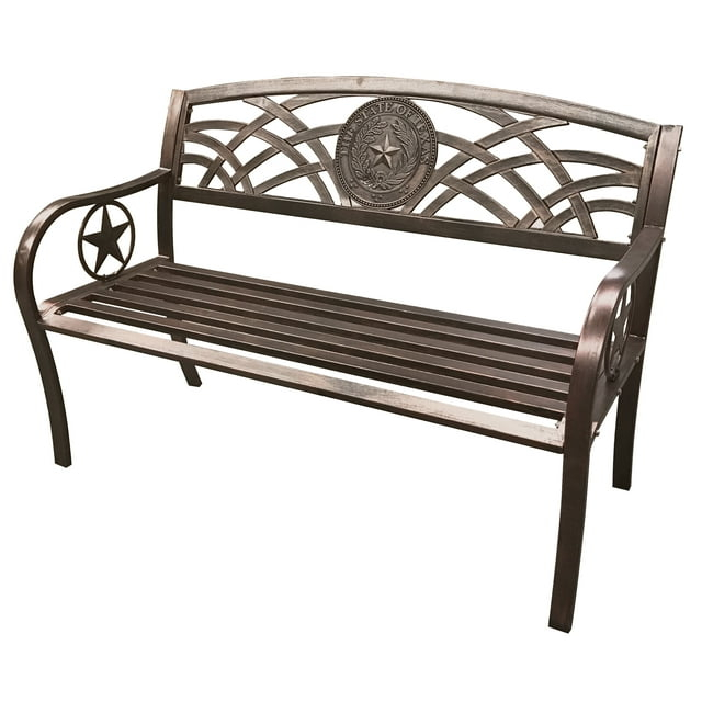 Leigh Country TX 93545 Adult Outdoor Metal Patio Bench with Texas State Seal Design - Bronze