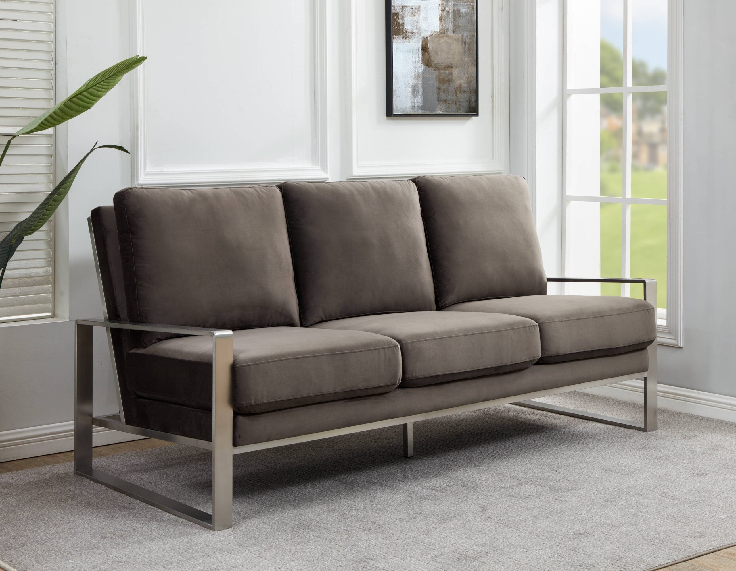 LeisureMod Accent Arm Chair Upholstered in Velvet with Brushed Silver Stainless Steel Frame and Removable Cushions Jefferson Collection in Dark Grey