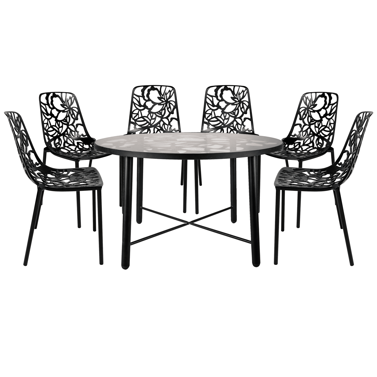 LeisureMod Devon Mid-Century Modern 7-Piece Aluminum Outdoor Patio Dining Set with Tempered Glass Top Table and 6 Stackable Flower Design Chairs for Patio, Balcony, and Backyard Garden (Black)